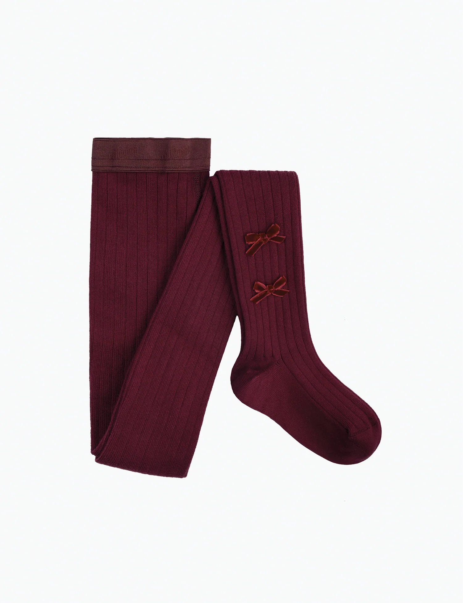 Capucine Ribbed Tights with Velvet Bows in Bordeaux Grand Cru