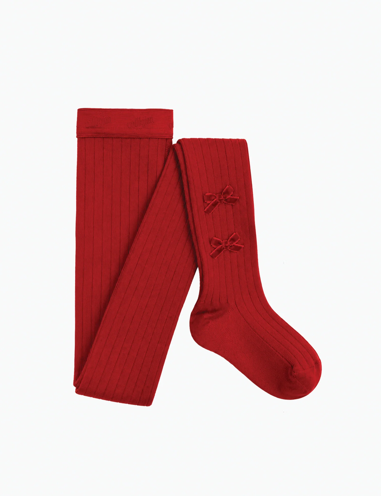 Capucine Ribbed Tights with Velvet Bows in Coquelicot