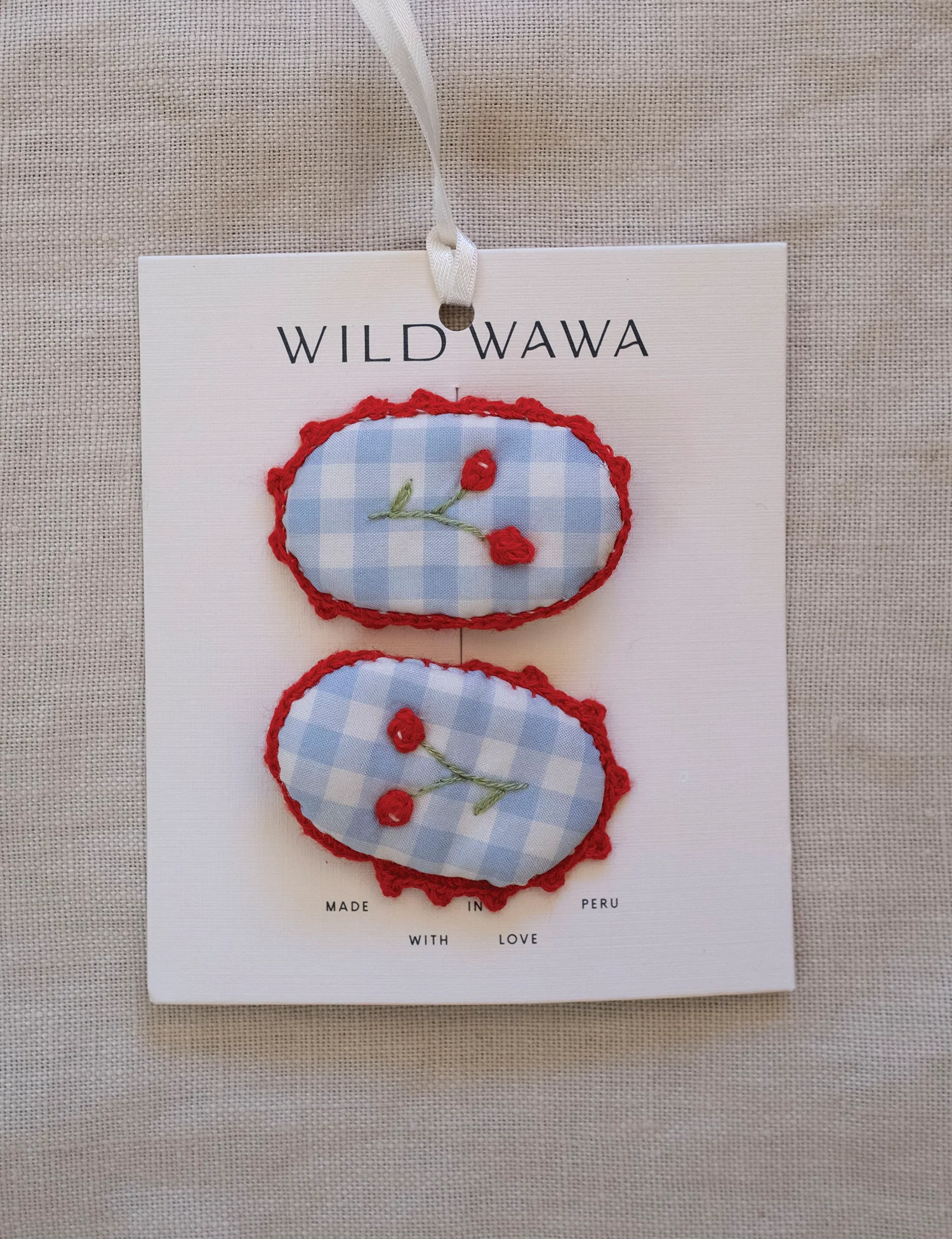 Crochet Clip Set in Blue Gingham/Cherry - Image 2