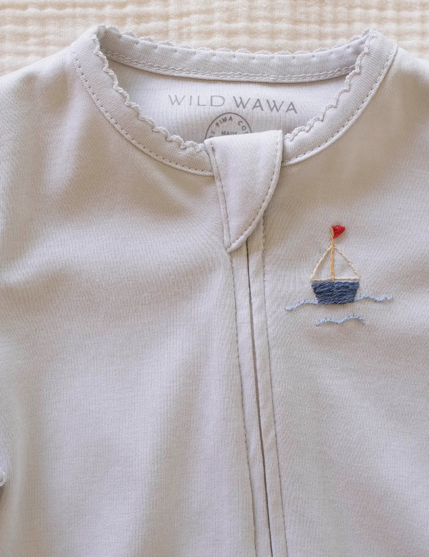 Pima Embroidered Footless Sleeper in Blue Boat - Image 2