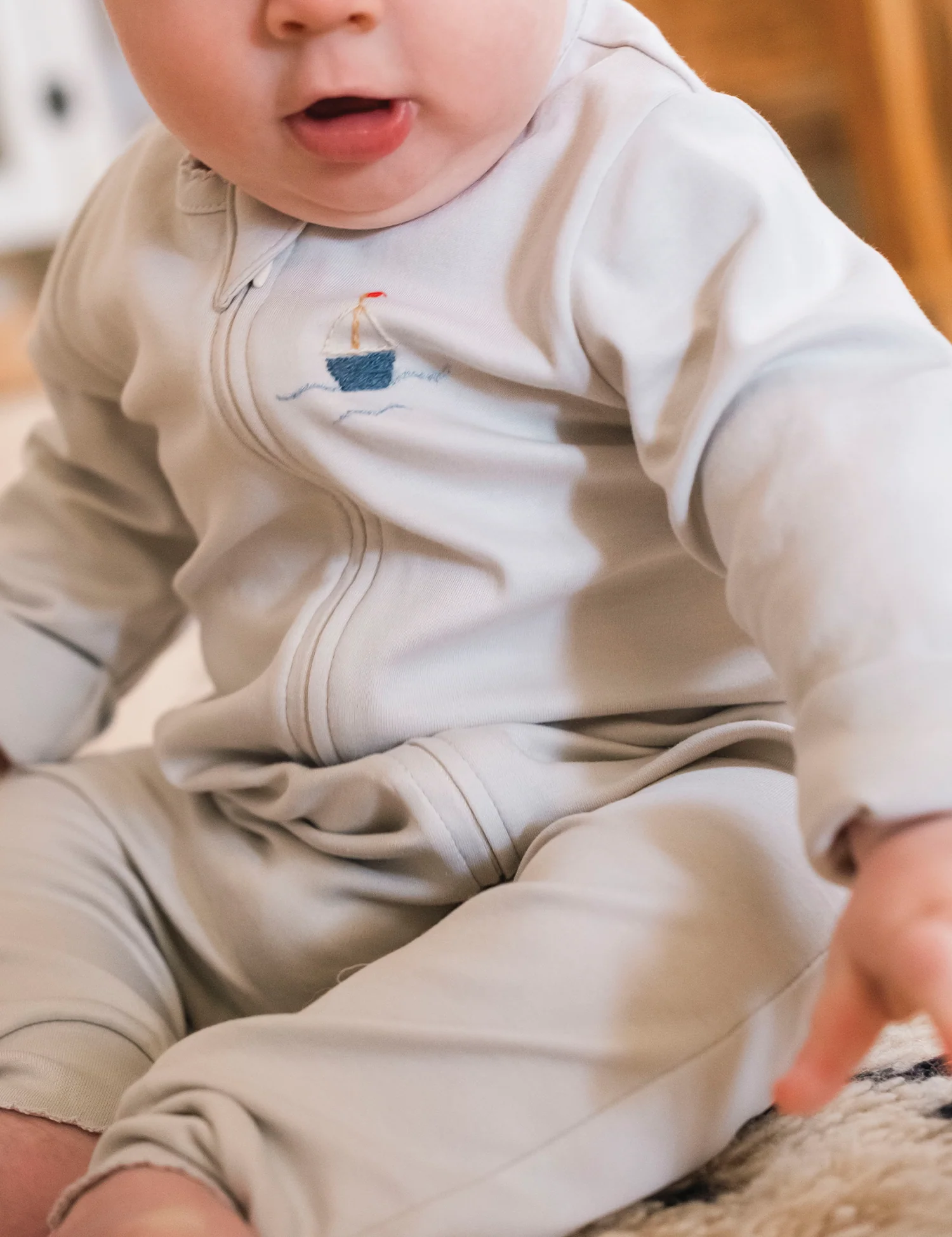 Pima Embroidered Footless Sleeper in Blue Boat - Image 3