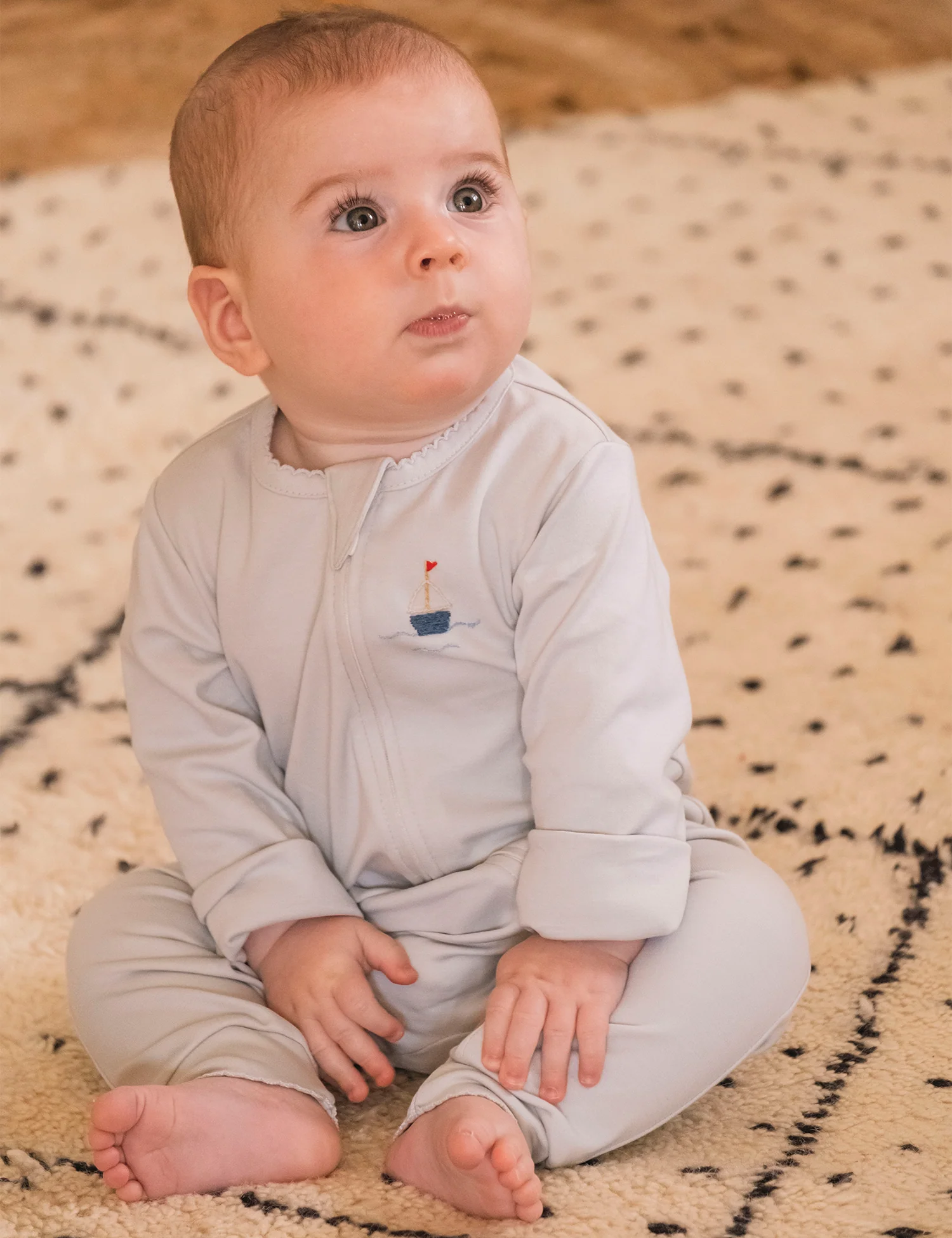 Pima Embroidered Footless Sleeper in Blue Boat - Image 4